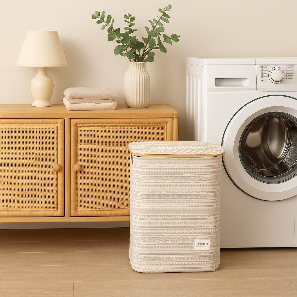 Foldable Laundry Basket with Wooden Frame and Detachable Lid - RUBHUB