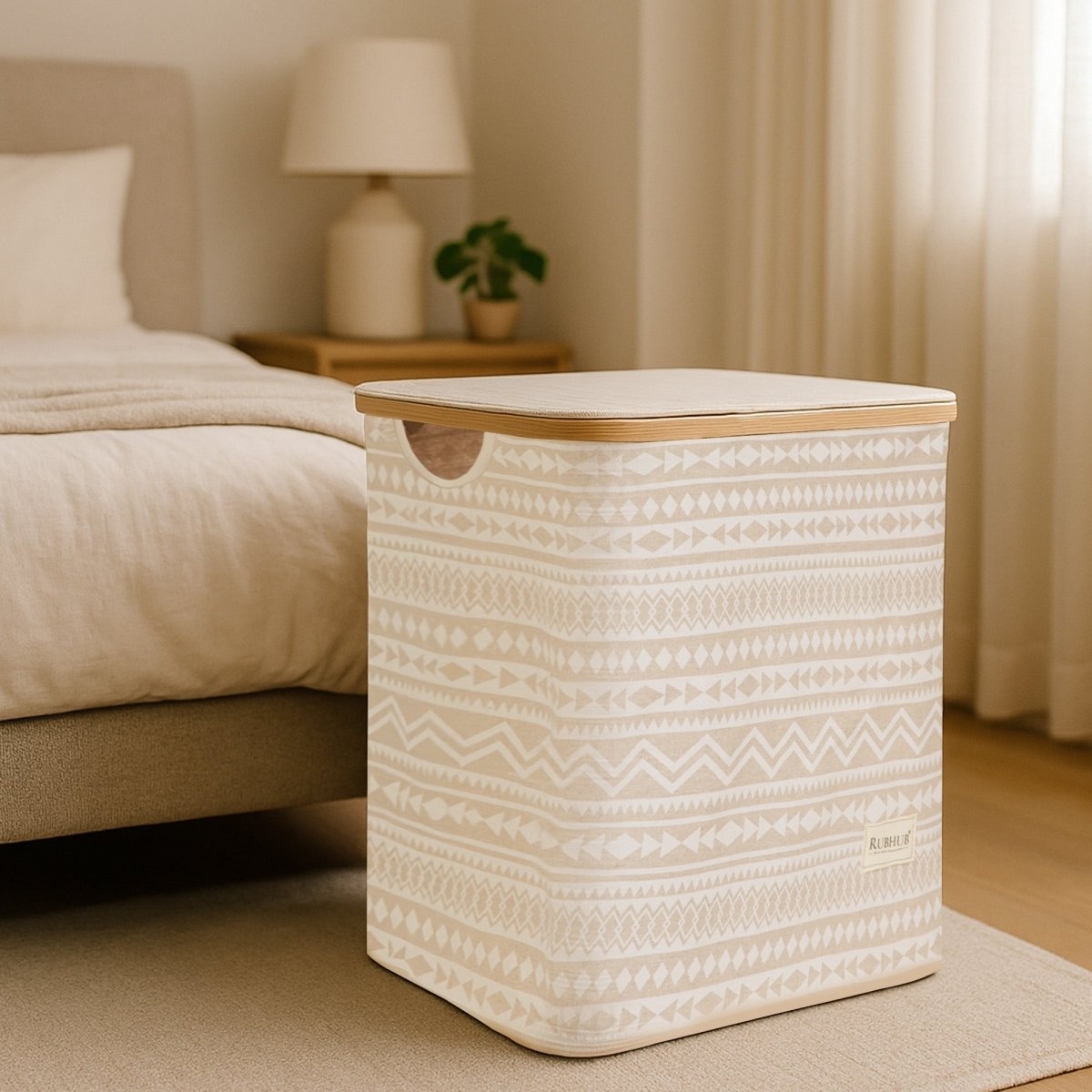 Foldable Laundry Basket with Wooden Frame and Detachable Lid - RUBHUB