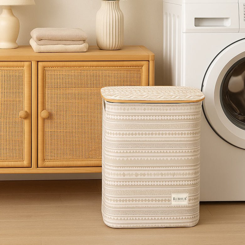 Foldable Laundry Basket with Wooden Frame and Detachable Lid - RUBHUB