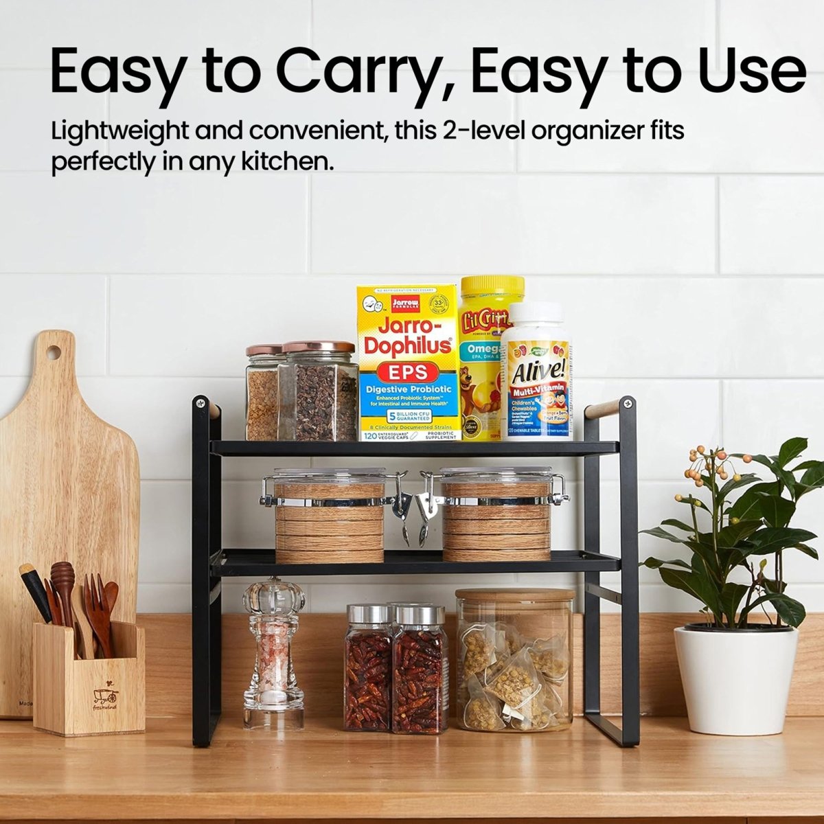 Kitchen Shelf Organizer with Wooden Handles - black - RUBHUB