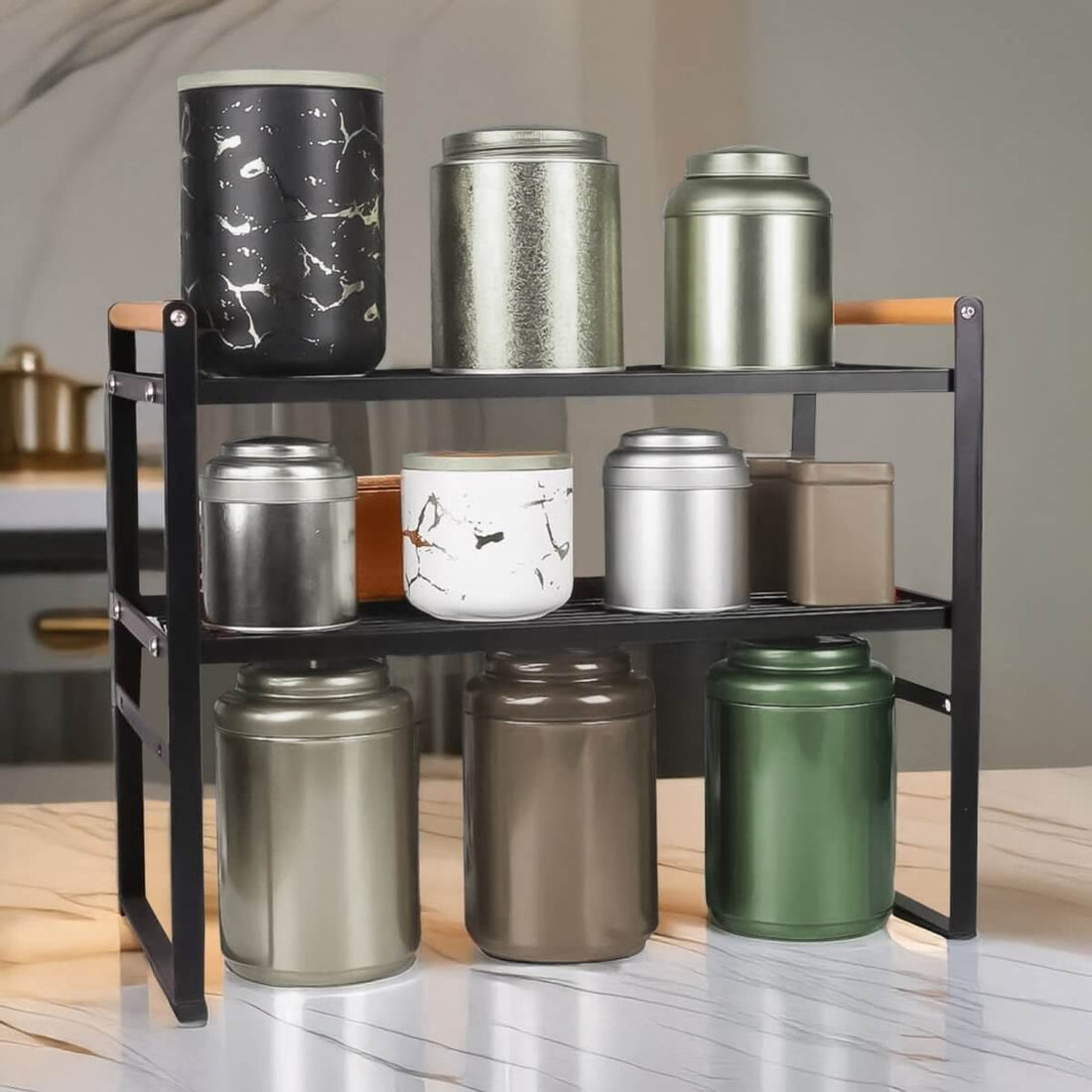 Kitchen Shelf Organizer with Wooden Handles - black - RUBHUB