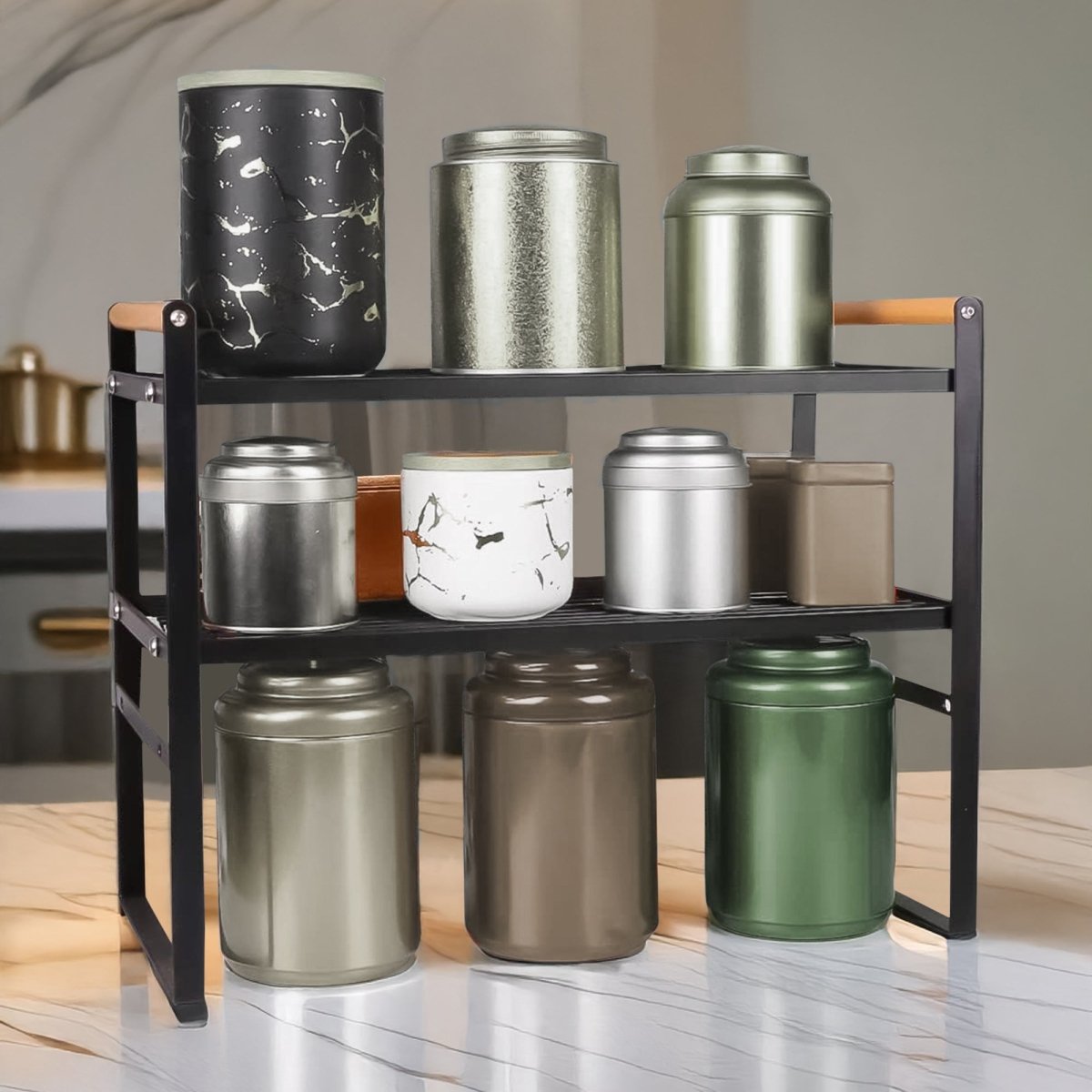 Kitchen Shelf Organizer with Wooden Handles - black - RUBHUB