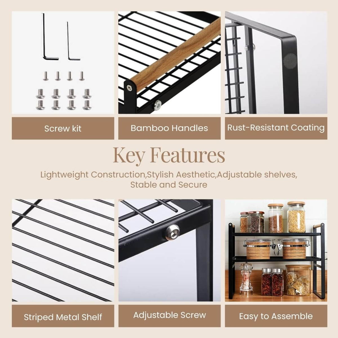 Kitchen Shelf Organizer with Wooden Handles - black - RUBHUB