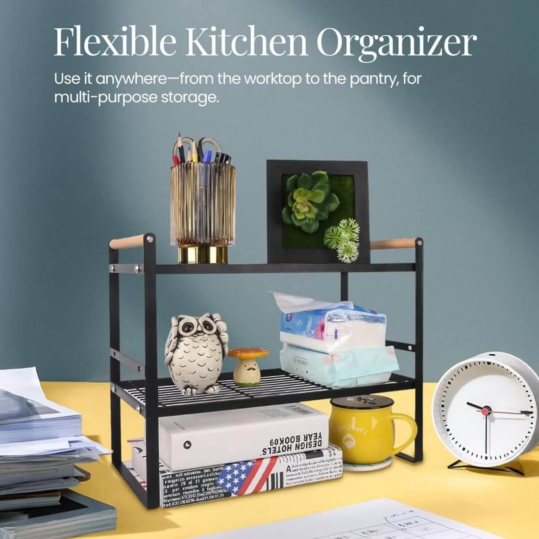 Kitchen Shelf Organizer with Wooden Handles - black - RUBHUB