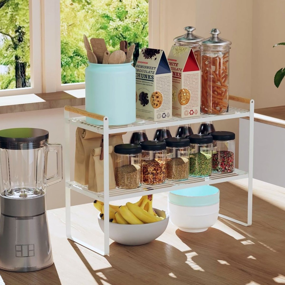 Kitchen Shelf Organizer with Wooden Handles - white - RUBHUB