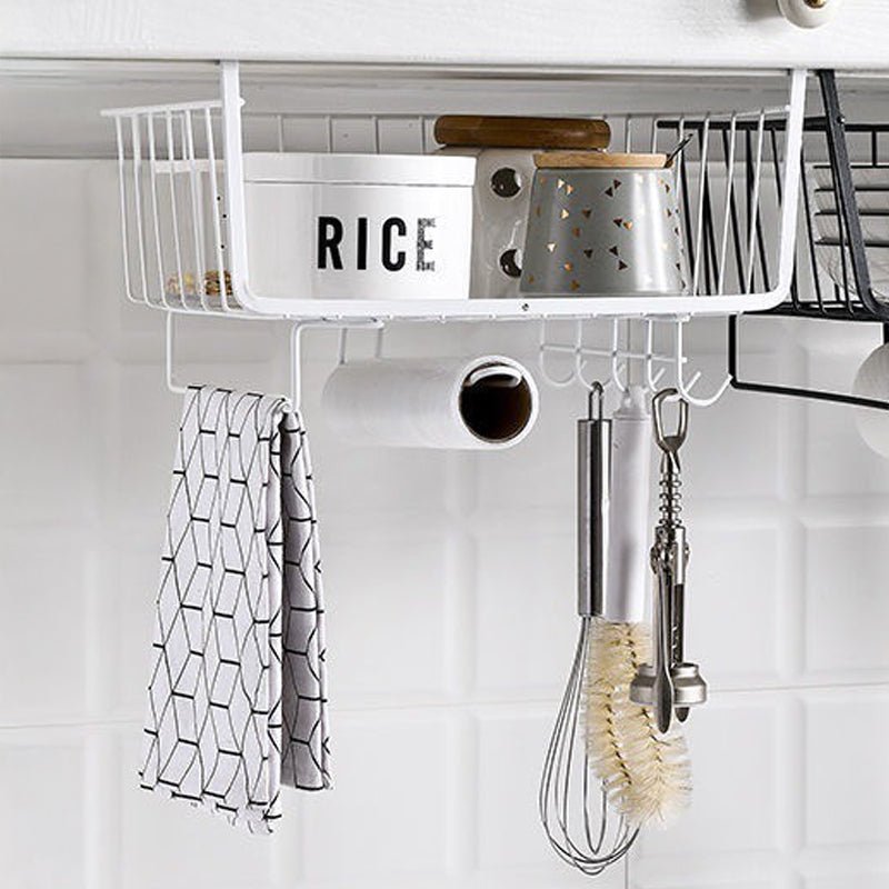 Kitchen shelving cabinet under hanging basket, wardrobe storage rack sundries kitchenware utensils pot lids storage hanging basket organizer rack with hooks - RUBHUB