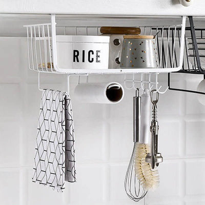 Kitchen shelving cabinet under hanging basket, wardrobe storage rack sundries kitchenware utensils pot lids storage hanging basket organizer rack with hooks
