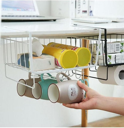 Kitchen shelving cabinet under hanging basket, wardrobe storage rack sundries kitchenware utensils pot lids storage hanging basket organizer rack with hooks - RUBHUB