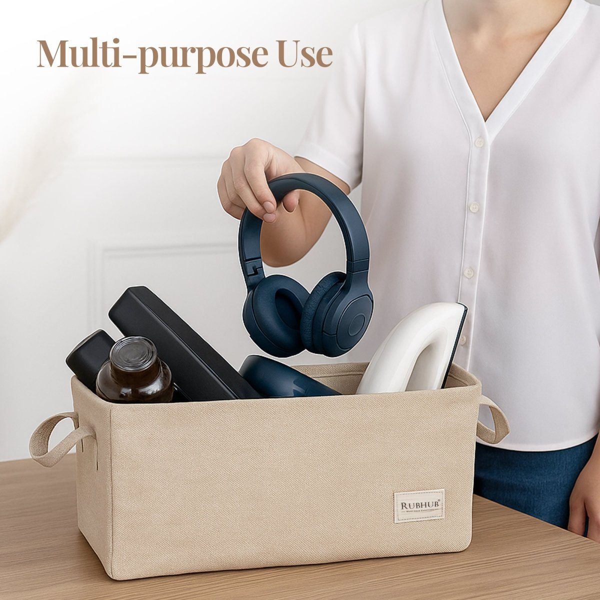 Multipurpose Beige Storage Box With Handles - RUBHUB