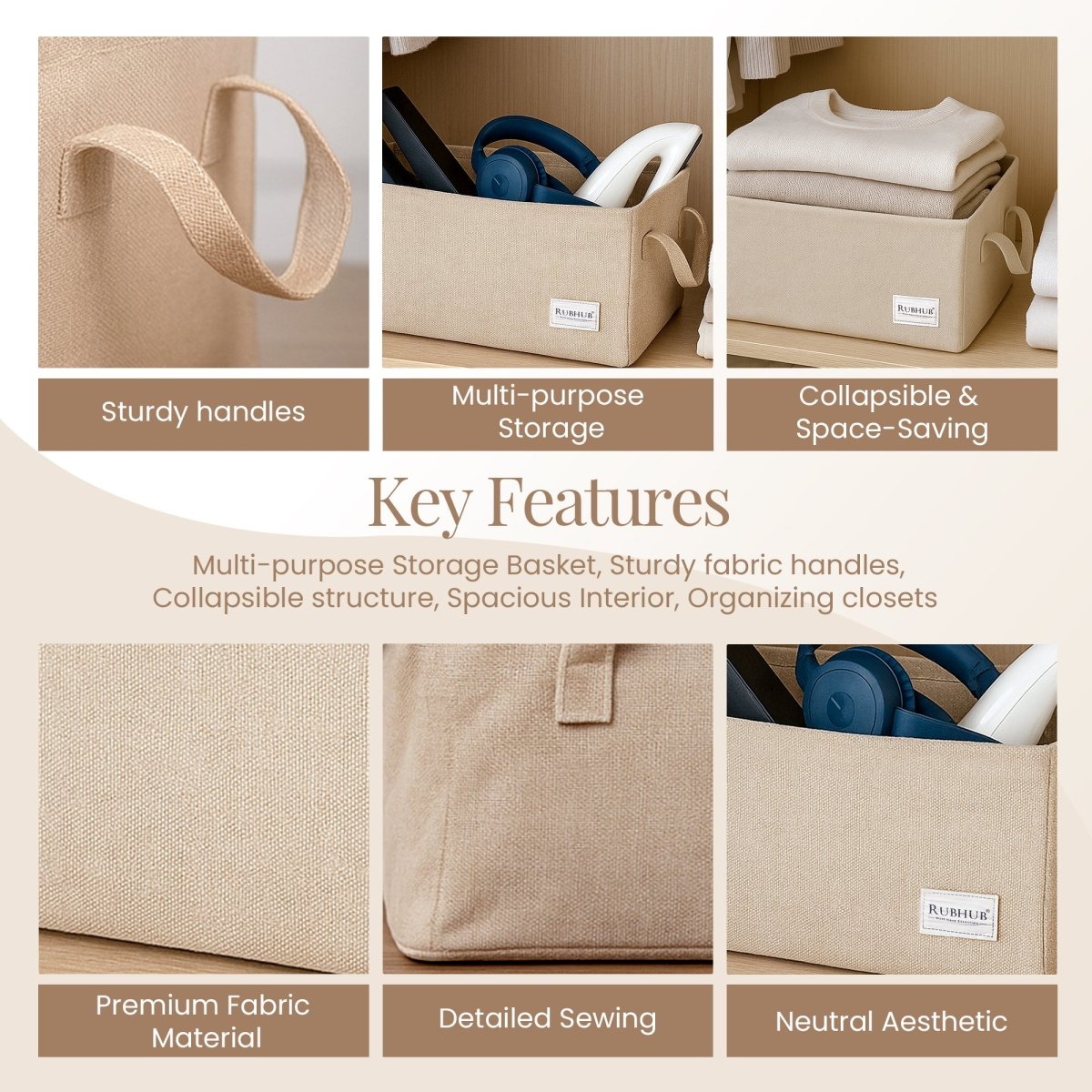 Multipurpose Beige Storage Box With Handles - RUBHUB