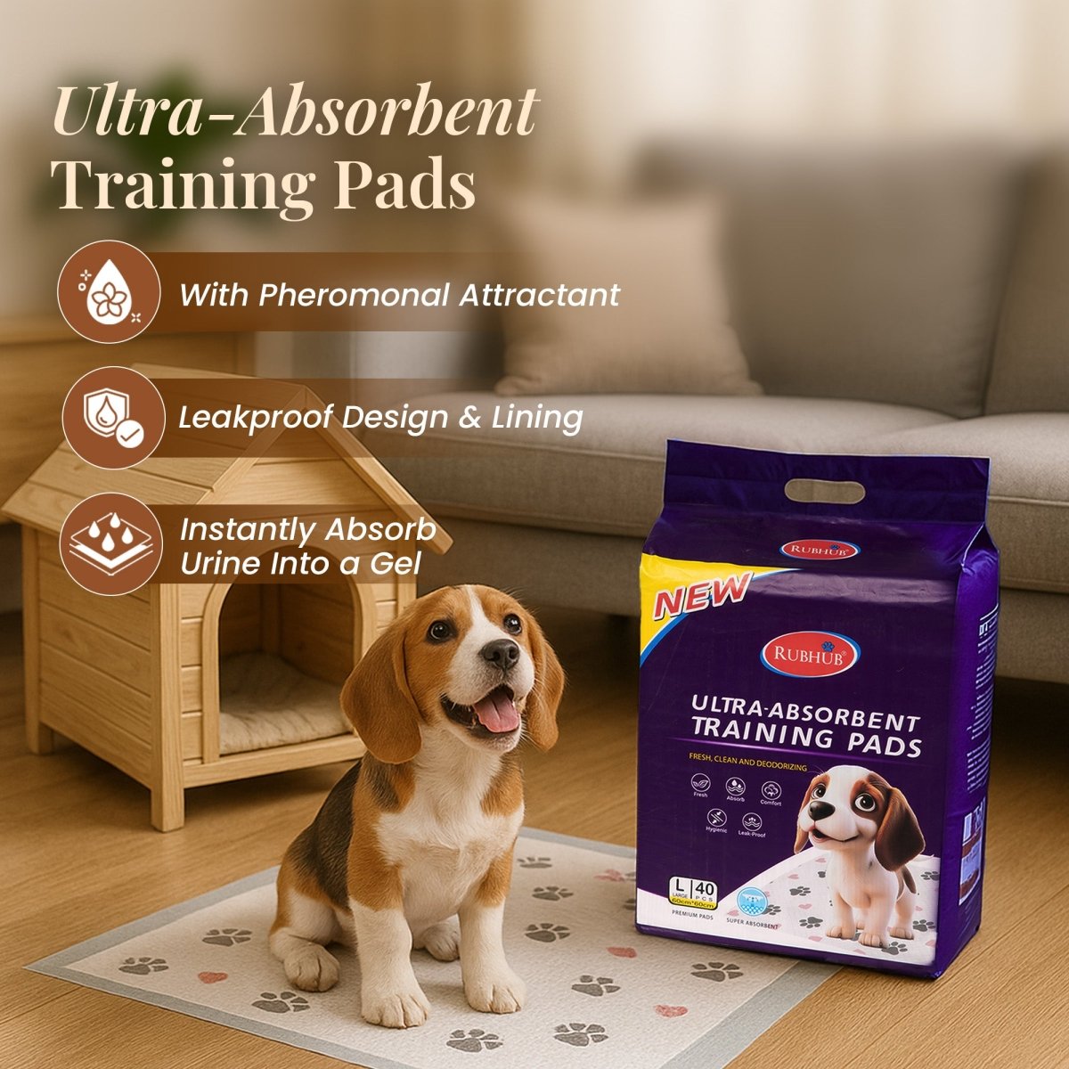 Pet Training Pads, Mess - Free & Moisture - Locking, 40 count - RUBHUB