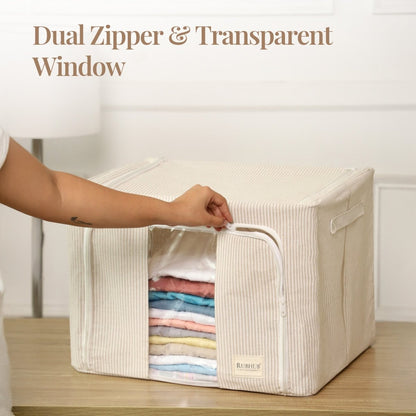 Pinstriped Cloth Storage Box with Transparent Window - beige - RUBHUB