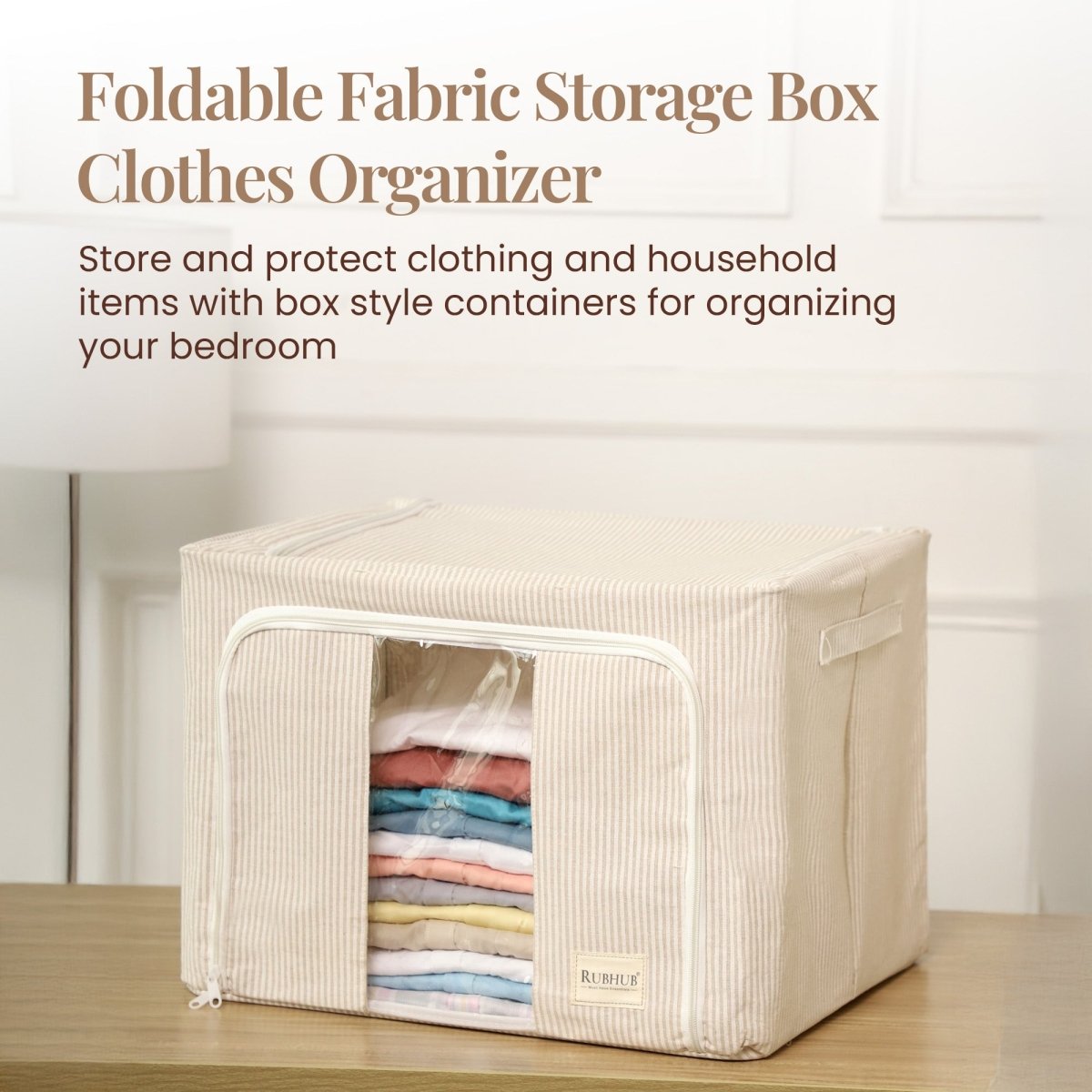 Pinstriped Cloth Storage Box with Transparent Window - beige - RUBHUB