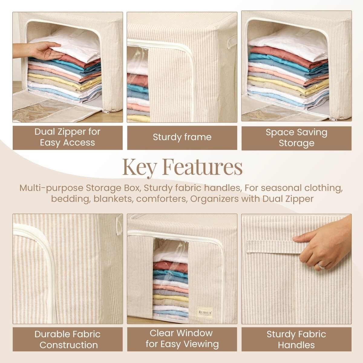 Pinstriped Cloth Storage Box with Transparent Window - beige - RUBHUB