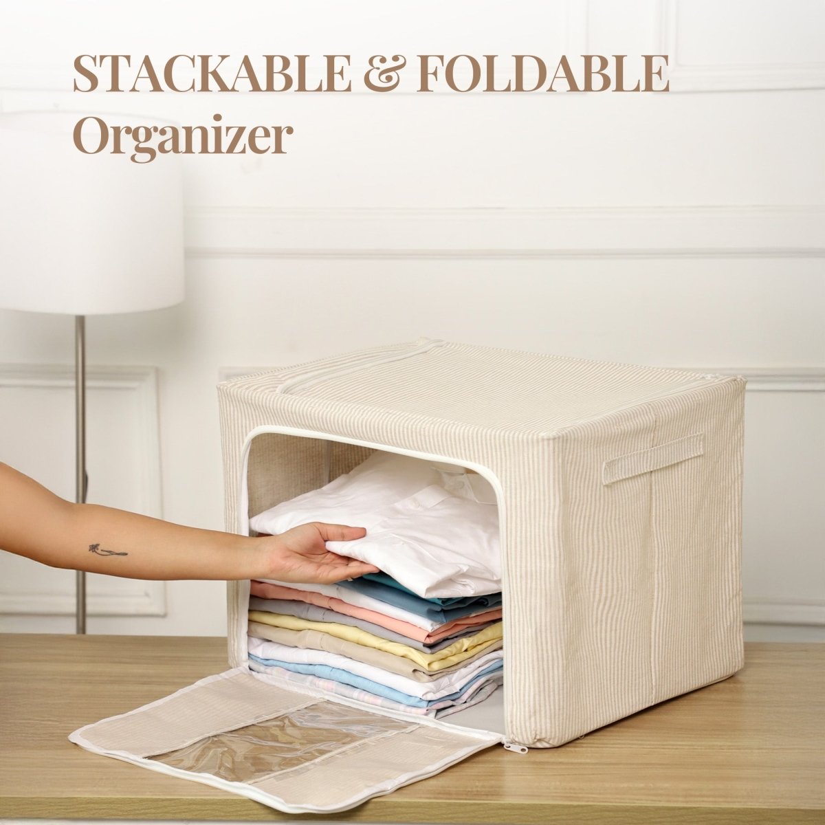 Pinstriped Cloth Storage Box with Transparent Window - beige - RUBHUB