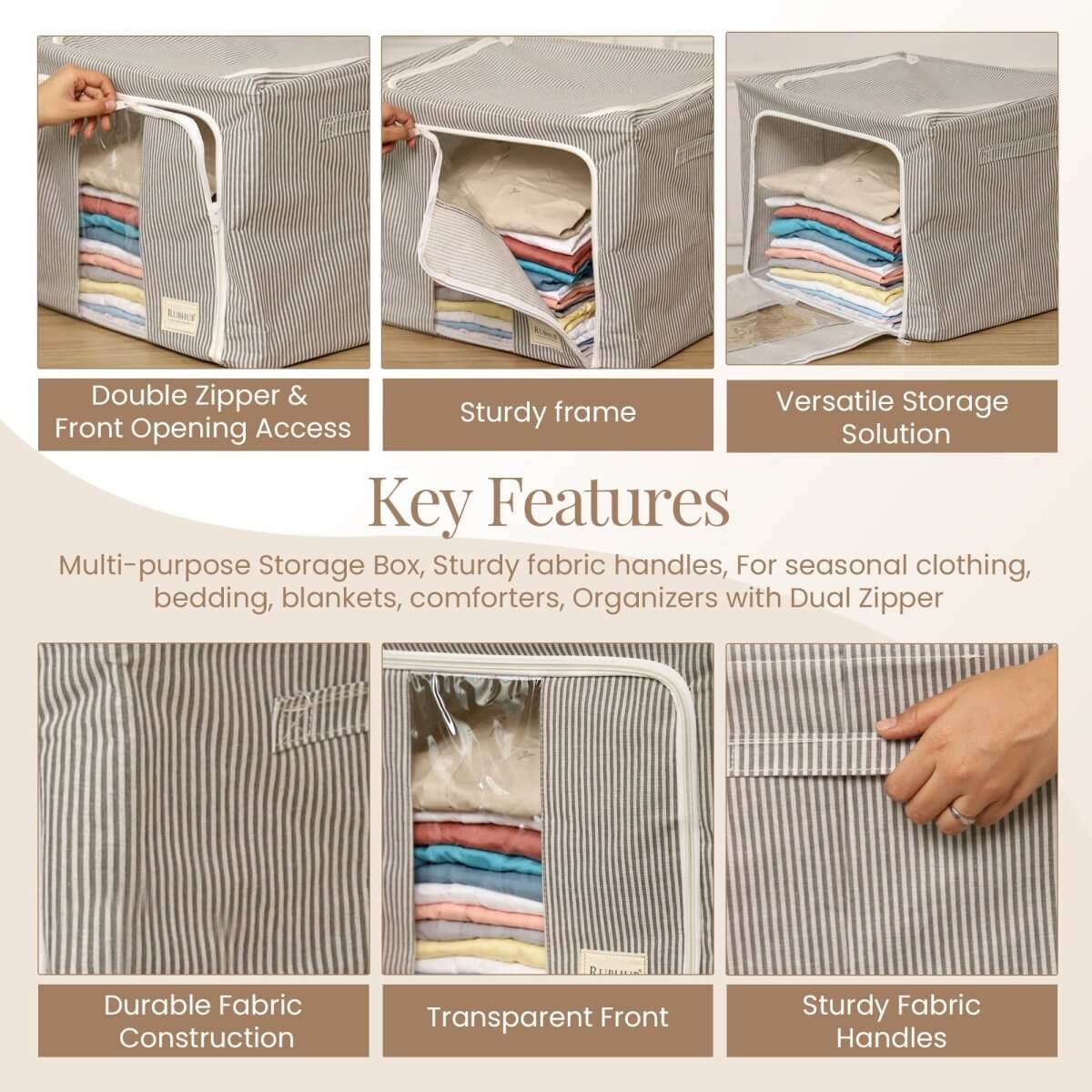 Pinstriped Cloth Storage Box with Transparent Window - Grey - RUBHUB