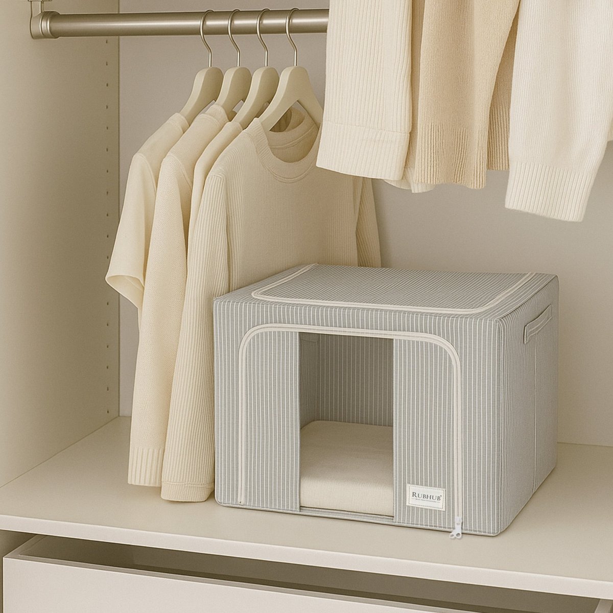 Pinstriped Cloth Storage Box with Transparent Window - Grey - RUBHUB