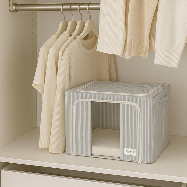 Pinstriped Cloth Storage Box with Transparent Window - Grey - RUBHUB