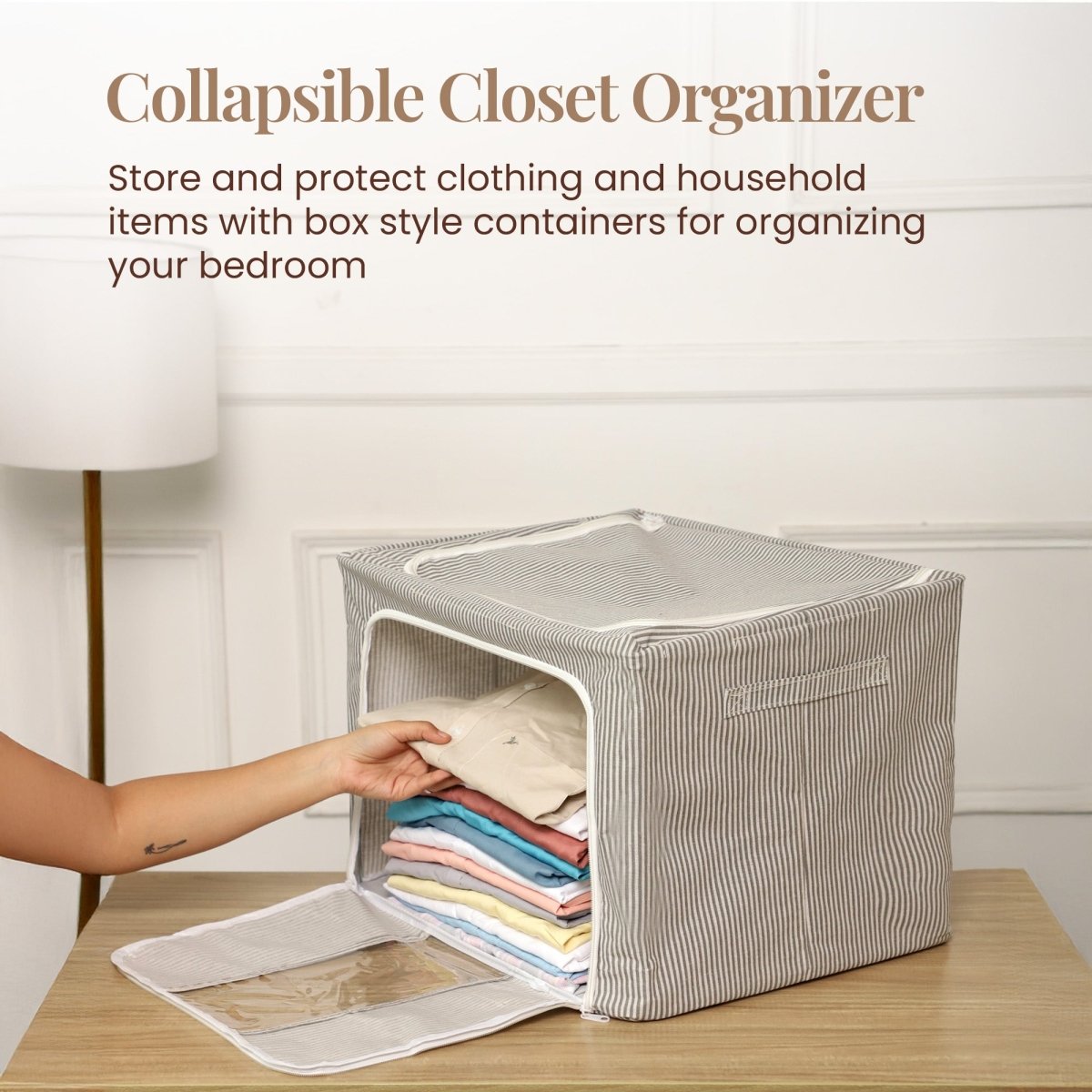 Pinstriped Cloth Storage Box with Transparent Window - Grey - RUBHUB