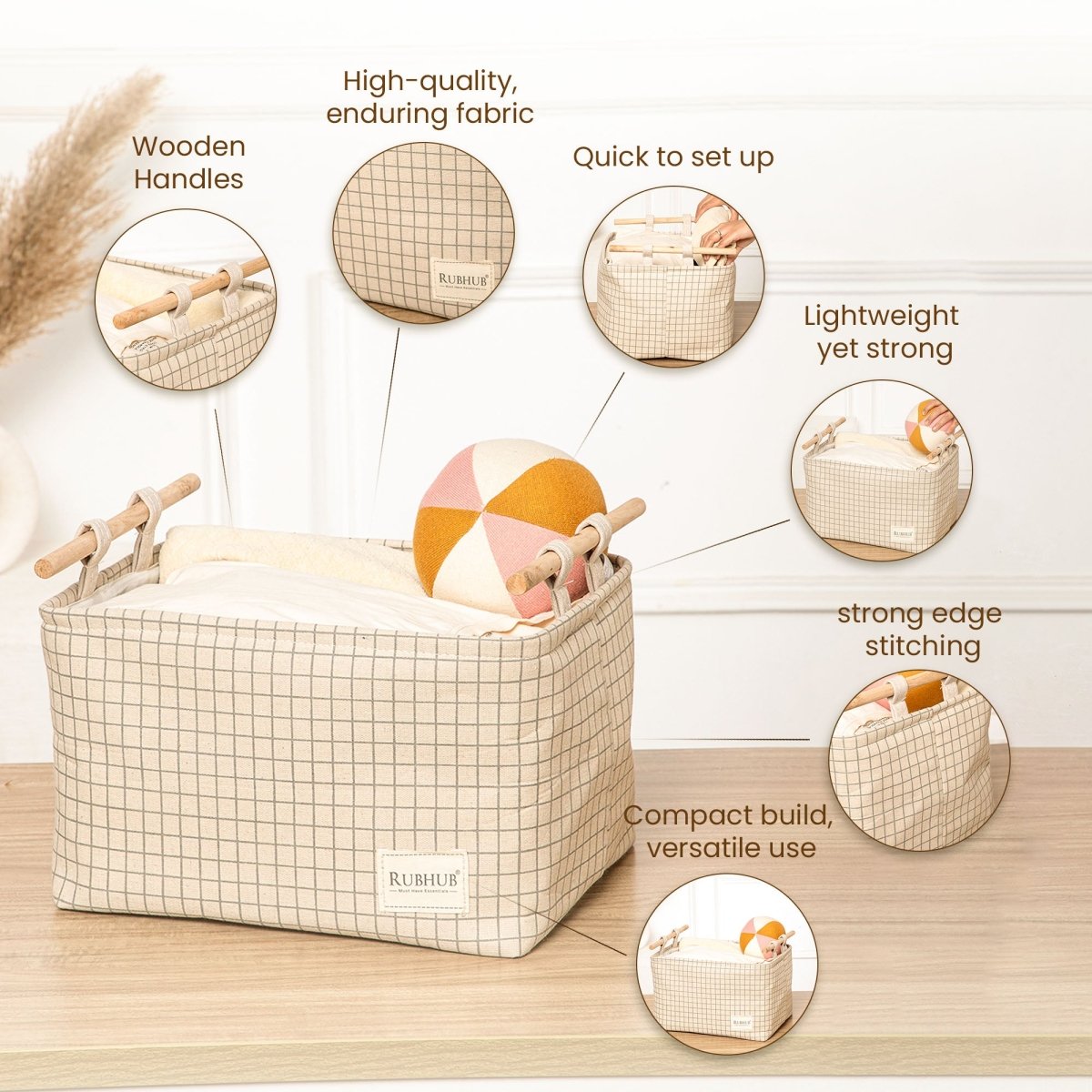 Premium Canvas biased Cloth Storage Box with Wooden Handles - RUBHUB