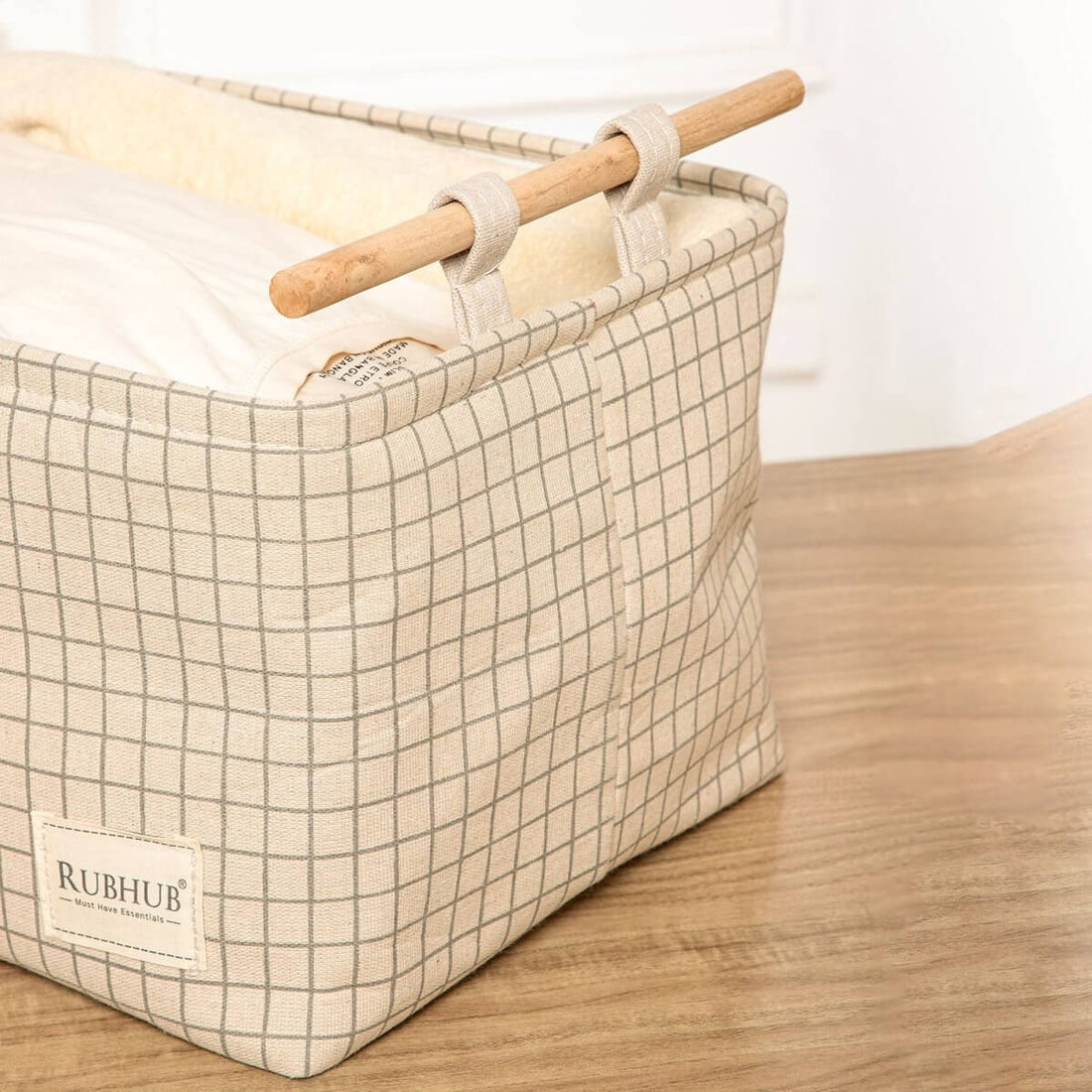 Premium Canvas biased Cloth Storage Box with Wooden Handles - RUBHUB