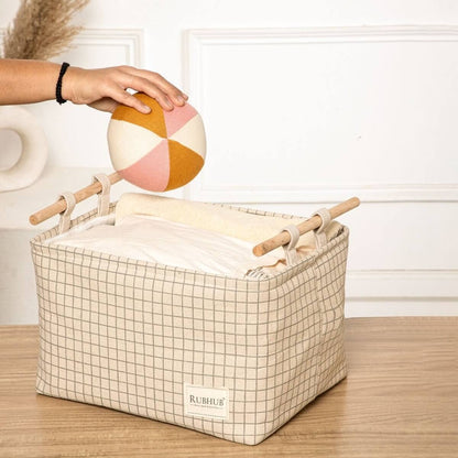 Premium Canvas biased Cloth Storage Box with Wooden Handles - RUBHUB