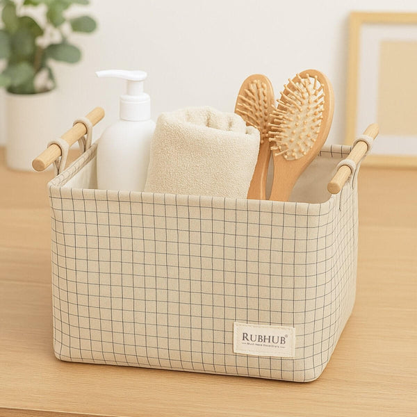 Premium Canvas biased Cloth Storage Box with Wooden Handles - RUBHUB