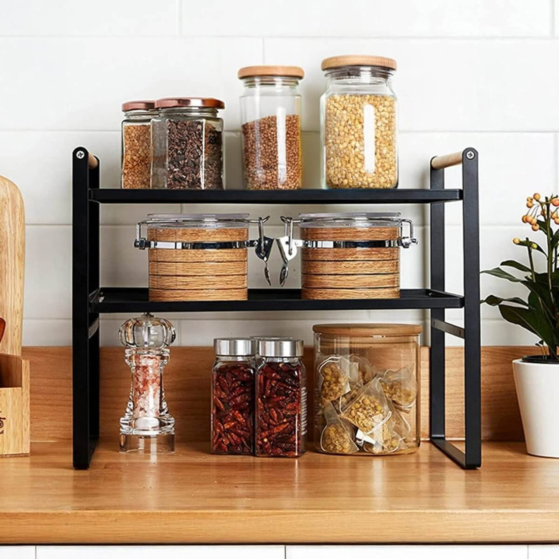 RUBHUB Full Kitchen Makeover – 2-Tier Kitchen Shelf with Wooden Handles – Black