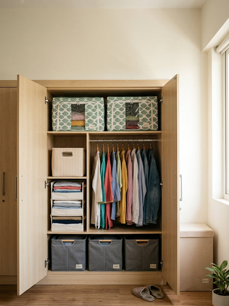 Open wardrobe organised with RUBHUB storage boxes and a laundry hamper