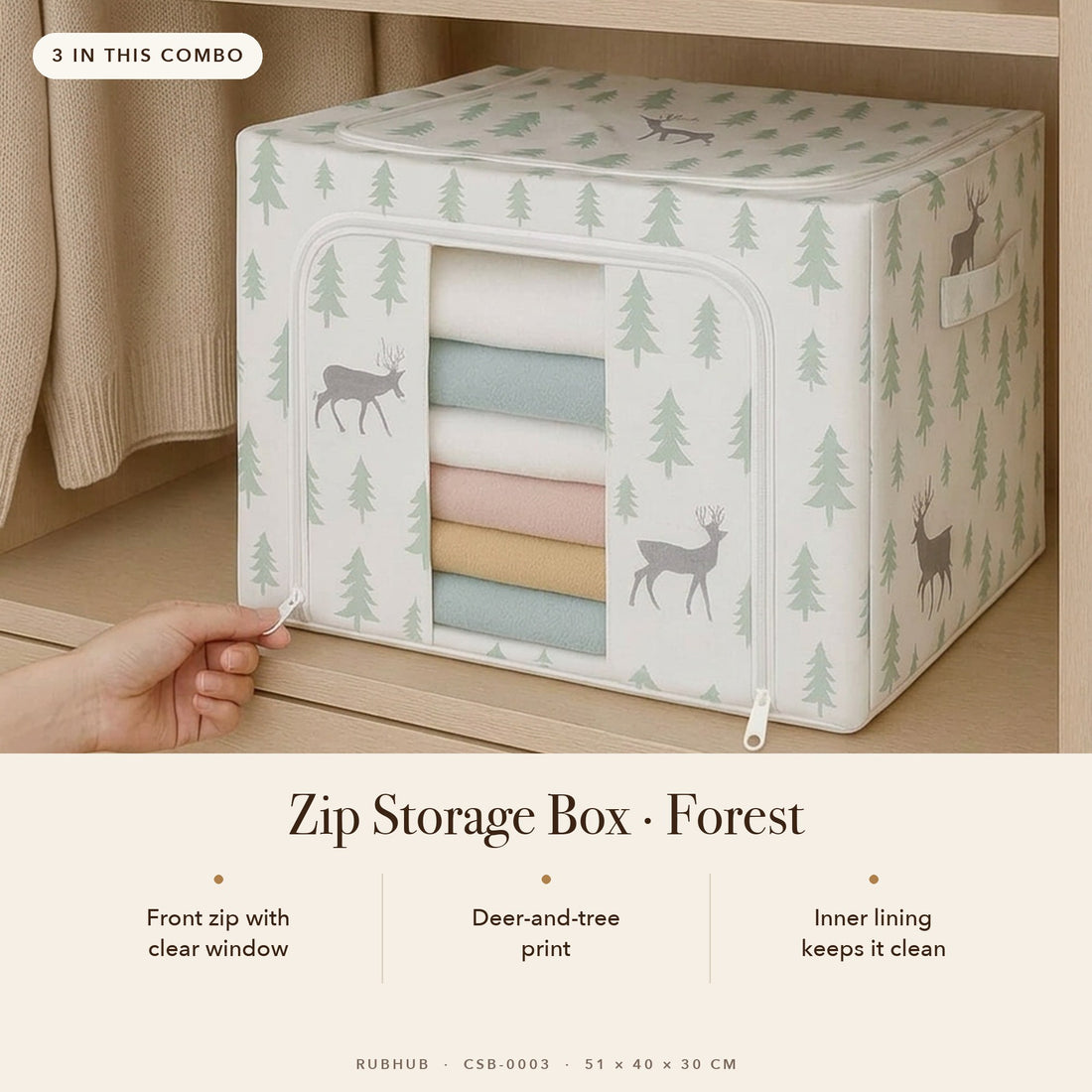 RUBHUB Premium Wardrobe Combo (8 pieces) – forest-print zip storage box