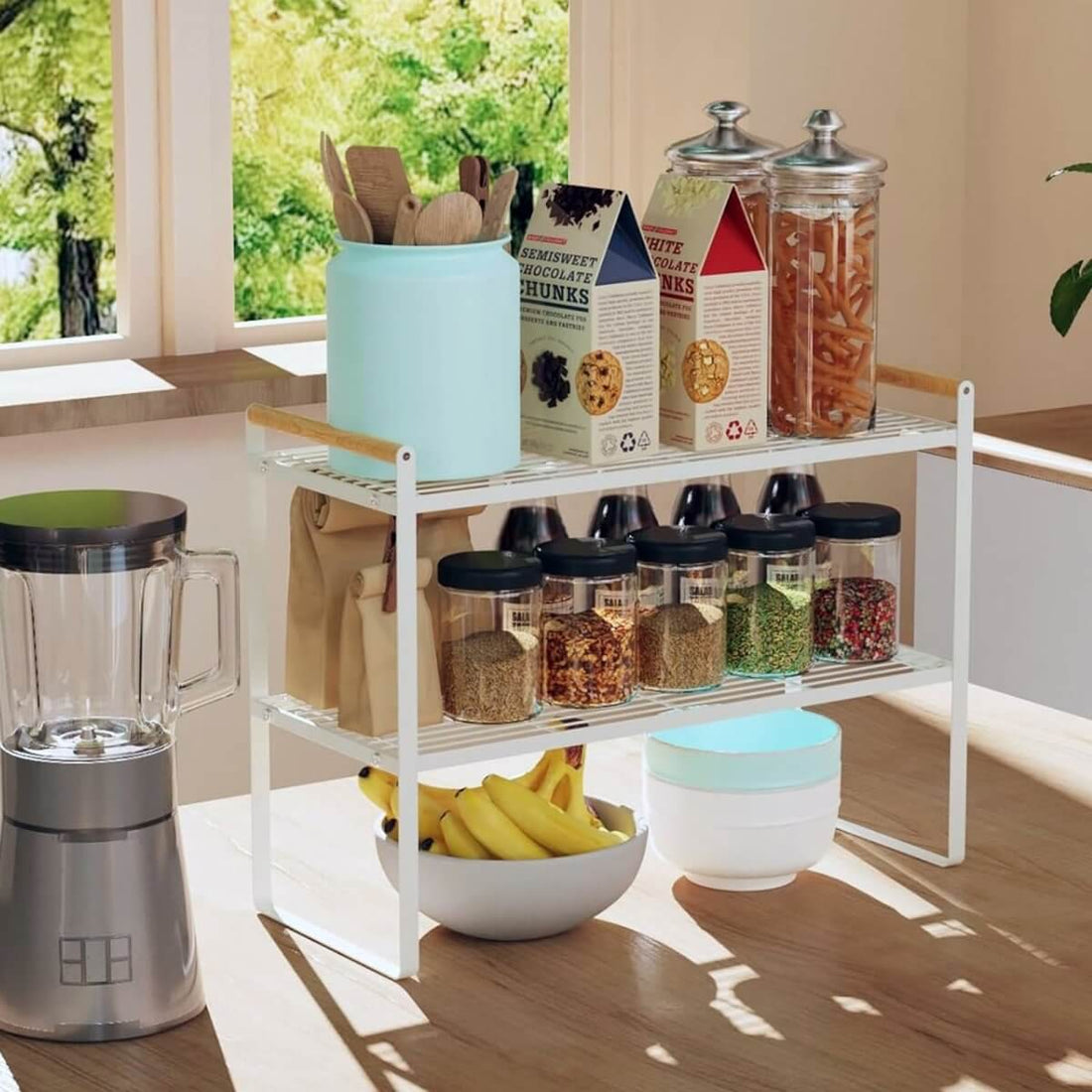RUBHUB Shelf + Fridge Duo Set – 2-Tier Kitchen Shelf with Wooden Handles – White