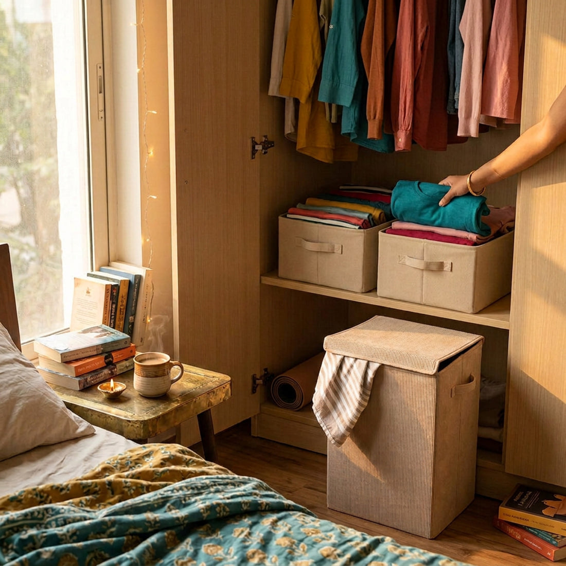 RUBHUB Starter Storage Combo – laundry hamper and two storage boxes in a golden-hour bedroom