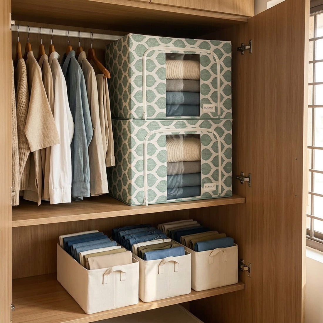 RUBHUB Small Wardrobe Combo – zip boxes and canvas organisers in a wardrobe