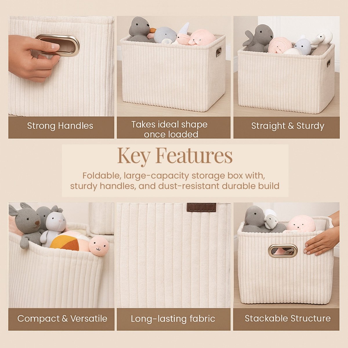 Soft Corduroy Cloth Storage Box with Metal Handles - beige - RUBHUB