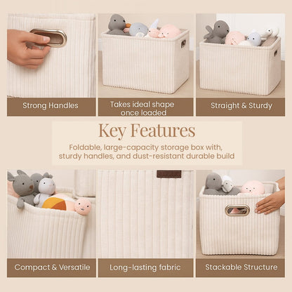Soft Corduroy Cloth Storage Box with Metal Handles - beige - RUBHUB