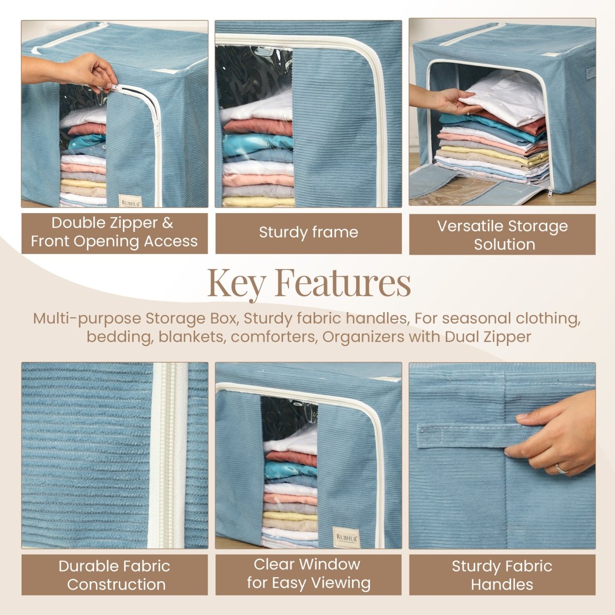 Stackable Couduroy Fabric Cloth Storage Box - Blue - RUBHUB