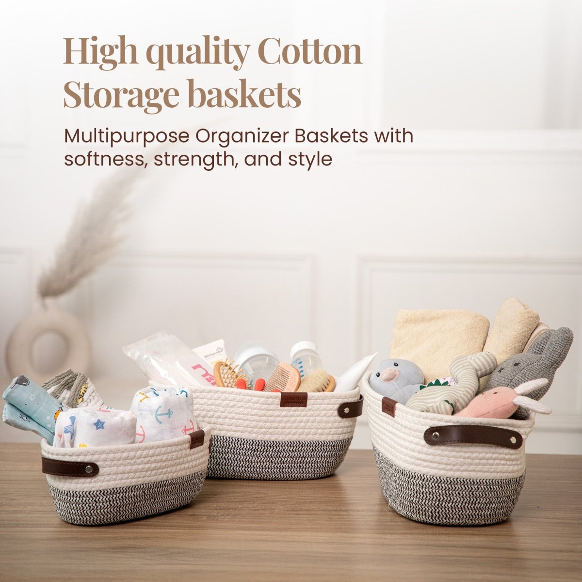 Stylish & Durable Rope Storage Basket Set – Modern Home Organizer (Set of 3) - Grey - RUBHUB