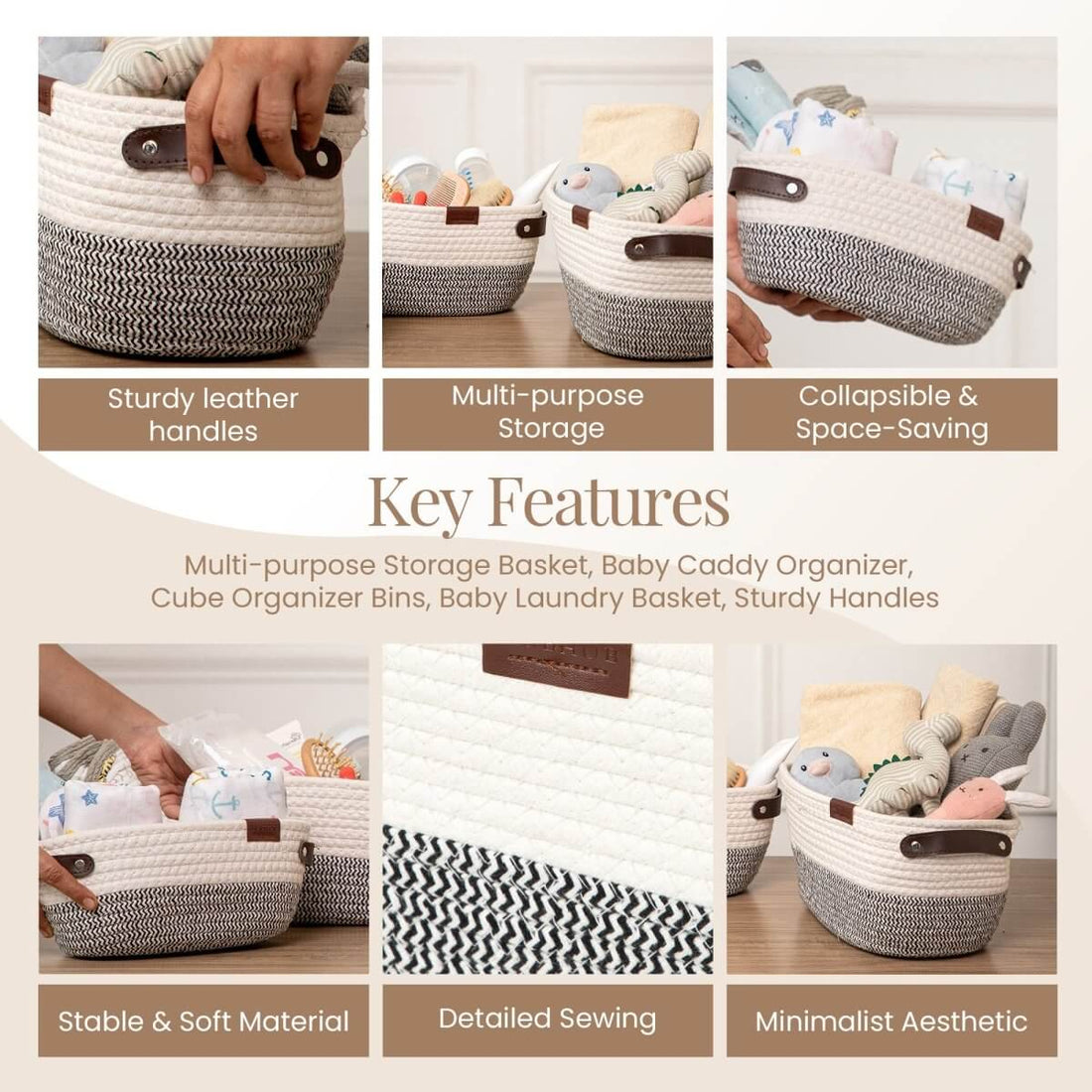 Stylish & Durable Rope Storage Basket Set – Modern Home Organizer (Set of 3) - Grey - RUBHUB