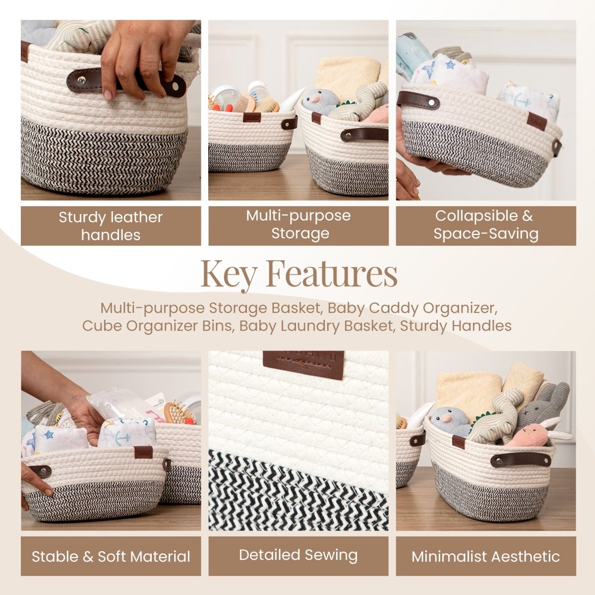 Stylish & Durable Rope Storage Basket Set – Modern Home Organizer (Set of 3) - Grey - RUBHUB