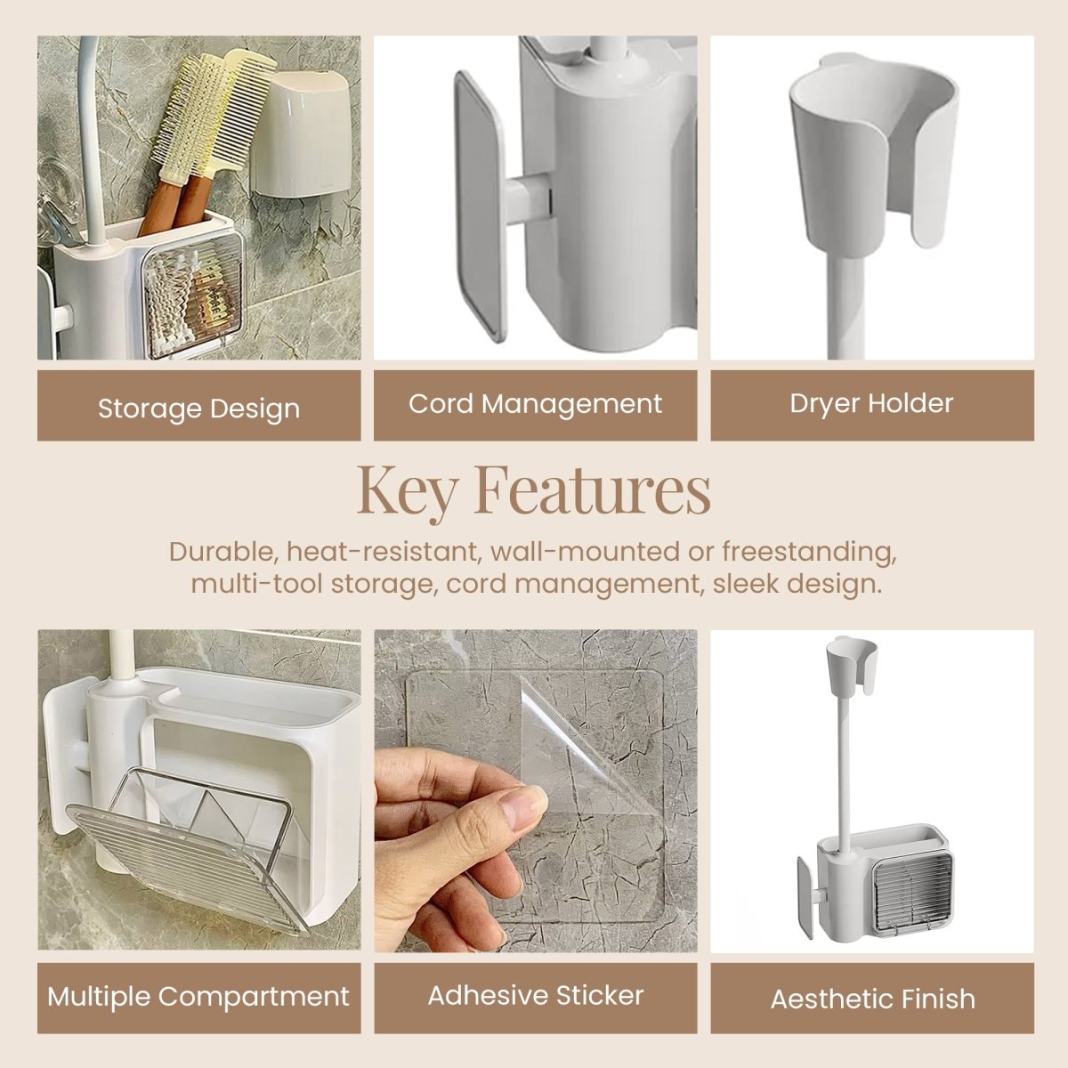 Wall Mounted Hair Dryer Holder - 360 Rotation - RUBHUB